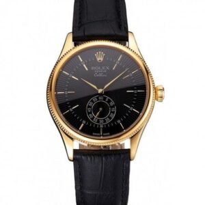 Rolex Cellini Black Dial Gold Case Black Leather Strap
