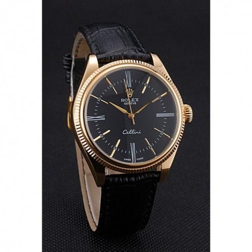 Rolex Cellini Black Dial Gold Case Black Leather Strap 622832 - Image 2