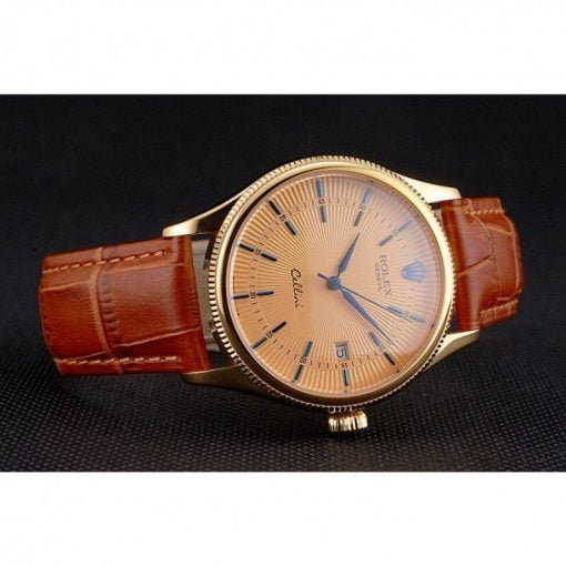 Rolex Cellini Date Gold Guilloche Dial Gold Case Light Brown Leather Strap - Image 2