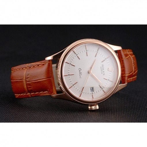 Rolex Cellini Date White Dial Rose Gold Case Brown Leather Strap - Image 4