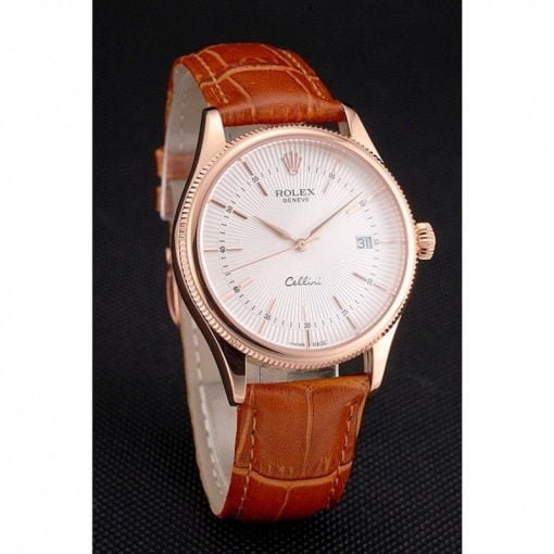 Rolex Cellini Date White Dial Rose Gold Case Brown Leather Strap - Image 2