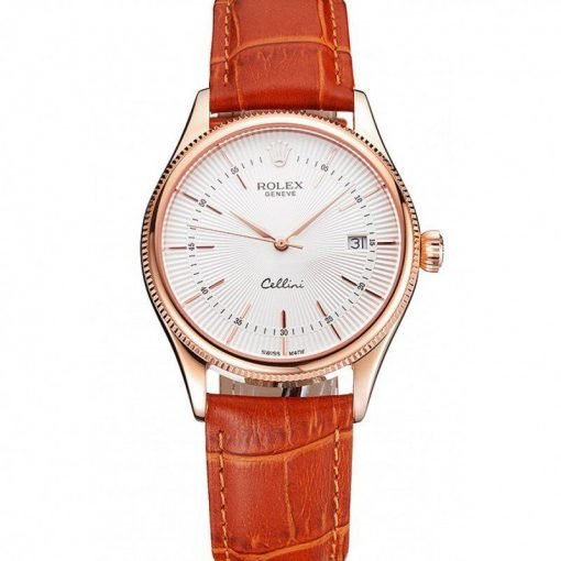 Rolex Cellini Date White Dial Rose Gold Case Brown Leather Strap