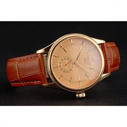 Rolex Cellini Gold Dial Gold Case Light Brown Leather Strap - Image 3