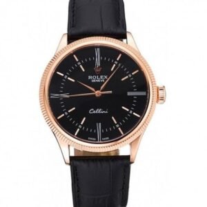 Rolex Cellini Time Rose Gold Case Black Dial Black Leather Bracelet 622656