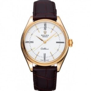 Rolex Cellini White Dial Gold Case Brown Leather Strap 622833