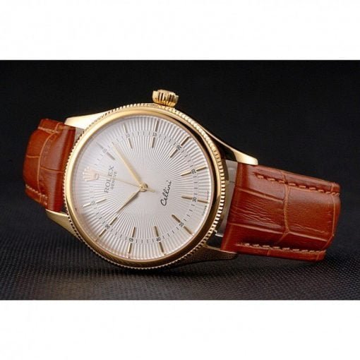 Rolex Cellini White Guilloche Dial Gold Case Light Brown Leather Strap - Image 2