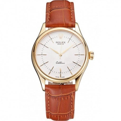 Rolex Cellini White Guilloche Dial Gold Case Light Brown Leather Strap
