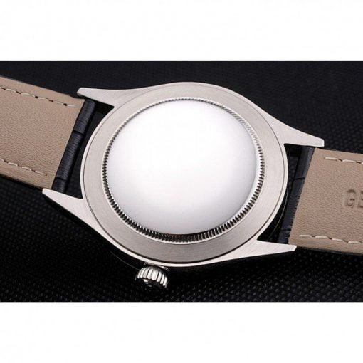 Rolex Cellini White Guilloche Dial Stainless Steel Case Black Leather Strap - Image 3
