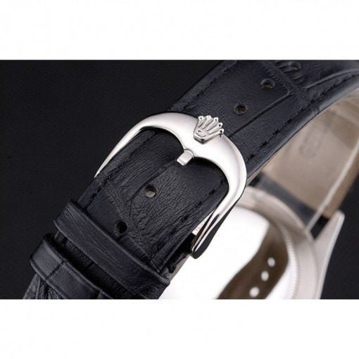 Rolex Cellini White Guilloche Dial Stainless Steel Case Black Leather Strap - Image 4