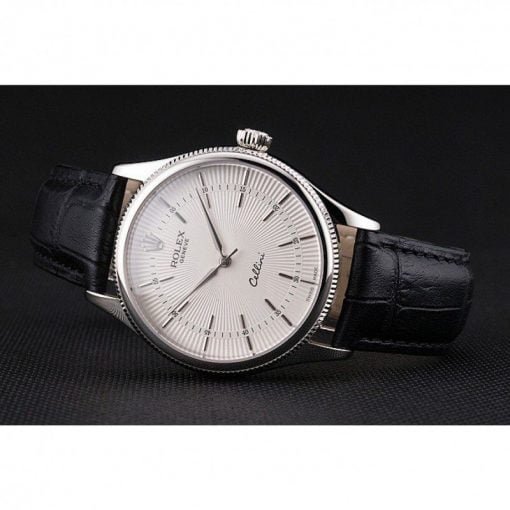 Rolex Cellini White Guilloche Dial Stainless Steel Case Black Leather Strap - Image 2