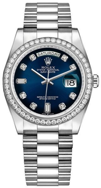 Rolex Day-Date 36 Blue Dial Diamond Bezel Women’s Watch 128349RBR