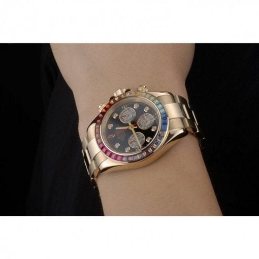 Rolex Daytona Cosmograph Rainbow Crystals Bezel Rose Gold Strap Black Dial 80251 - Image 10