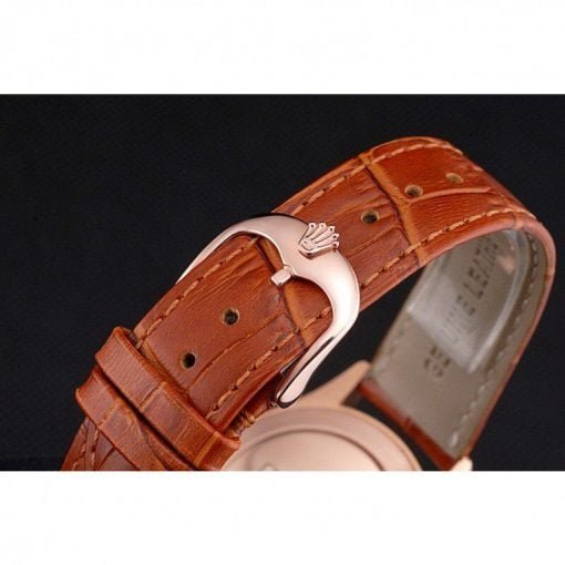 Rolex Cellini White Dial Roman Numerals Rose Gold Case Light Brown Leather Strap - Image 3