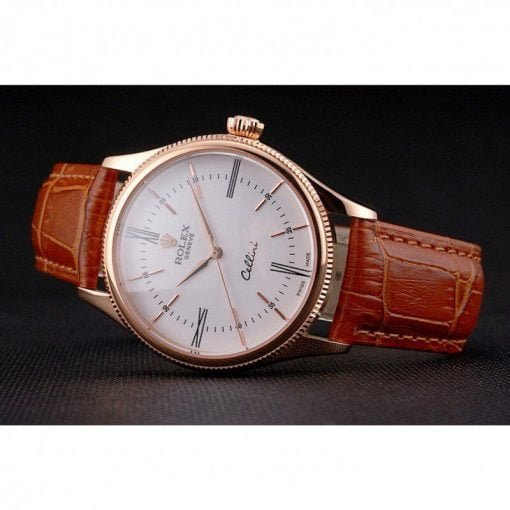 Rolex Cellini White Dial Roman Numerals Rose Gold Case Light Brown Leather Strap - Image 2